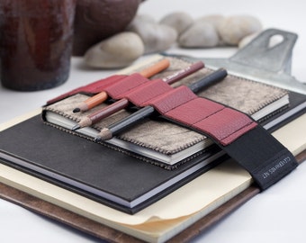 Large Journal Bandolier // red leather // (a better pencil case, journal pen holder, book strap, pen loop, pencil roll, pen bandolier)