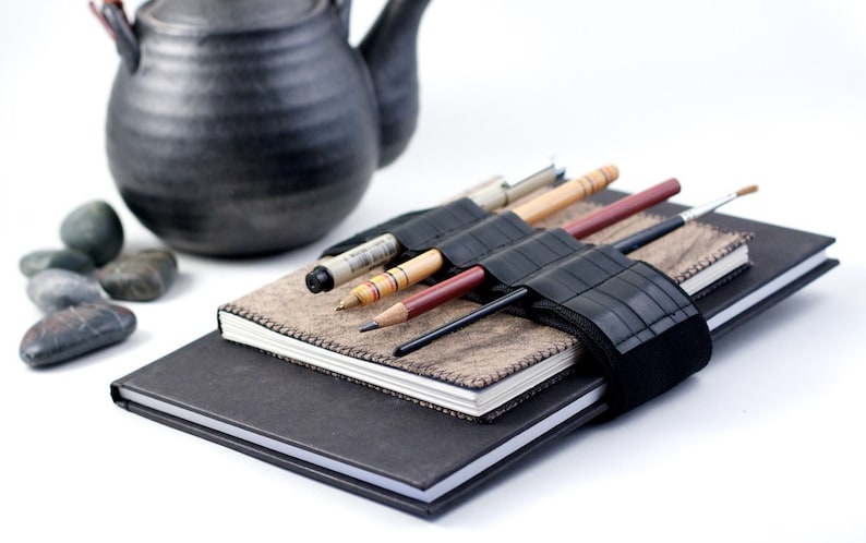 Adjustable Bandolier // reclaimed rubber // a better pencil case, journal pen holder, book strap, pen loop, pencil roll, pen bandolier image 3