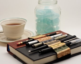 Journal Bandolier // earth tone ruler // (a better pencil case, journal pen holder, book strap, pen loop, pencil roll, pen bandolier)