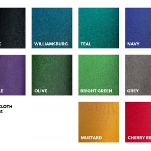 May include: A color chart showing different bookcloth colors, including black, Williamsburg, teal, navy, purple, olive, bright green, grey, mustard, and cherry red.