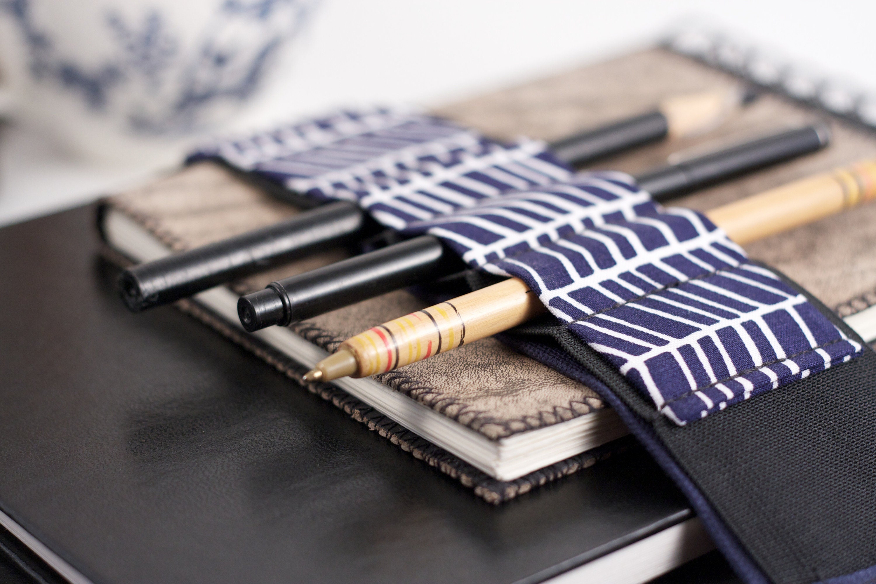 Adjustable Journal Bandolier: Cobalt Lattice Cotton Canvas Pen Holder ...