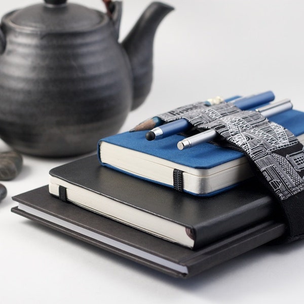 Adjustable Bandolier // black and white city // (a better pencil case, journal pen holder, book strap, pen loop, pencil roll, pen bandolier)