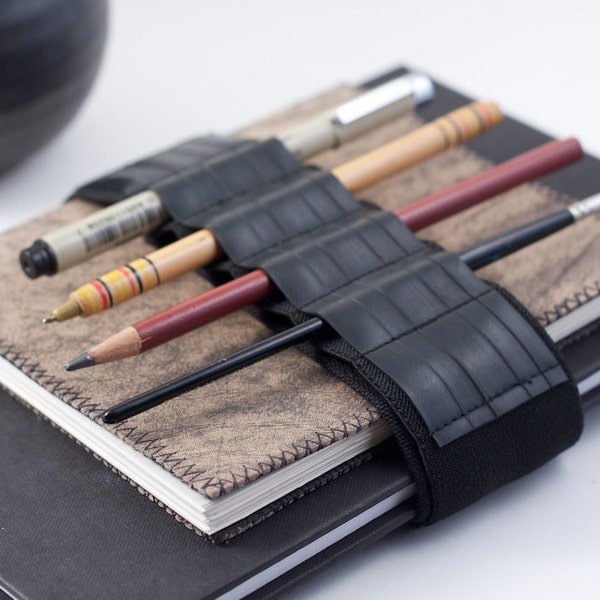 Adjustable Bandolier // reclaimed rubber // (a better pencil case, journal pen holder, book strap, pen loop, pencil roll, pen bandolier)