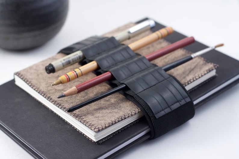 Adjustable Bandolier // reclaimed rubber // a better pencil case, journal pen holder, book strap, pen loop, pencil roll, pen bandolier image 1