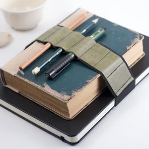 Journal Bandolier Large // olive leather // a better pencil case, journal pen holder, book strap, pen loop, pencil roll, pen bandolier image 1