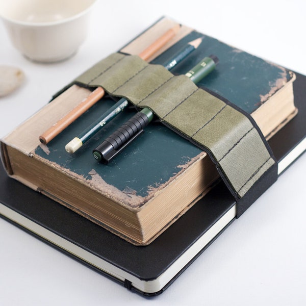 Journal Bandolier Large // olive leather // (a better pencil case, journal pen holder, book strap, pen loop, pencil roll, pen bandolier)