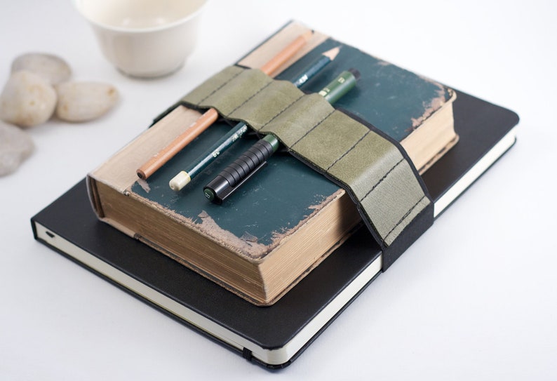 Journal Bandolier Large // olive leather // a better pencil case, journal pen holder, book strap, pen loop, pencil roll, pen bandolier image 1