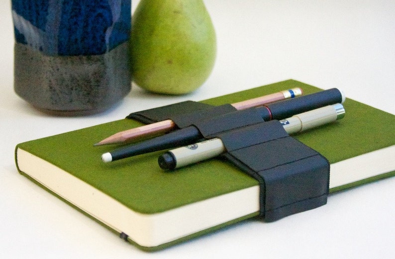 Journal Bandolier // black leather // a better pencil case, journal pen holder, book strap, pen loop, pencil roll, pen bandolier image 2