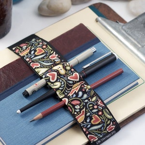 Large Journal Bandolier // birds & hearts // a better pencil case, journal pen holder, book strap, pen loop, pencil roll, pen bandolier image 1