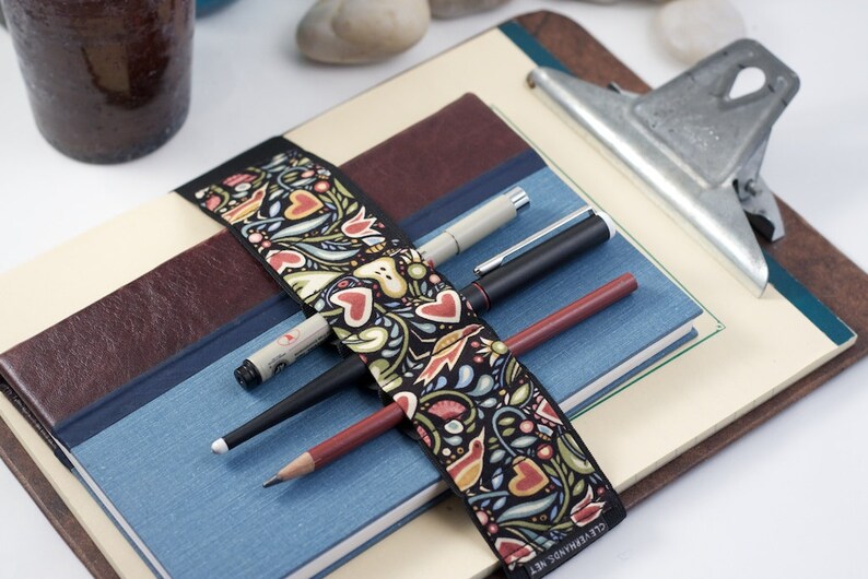 Large Journal Bandolier // birds & hearts // a better pencil case, journal pen holder, book strap, pen loop, pencil roll, pen bandolier image 1