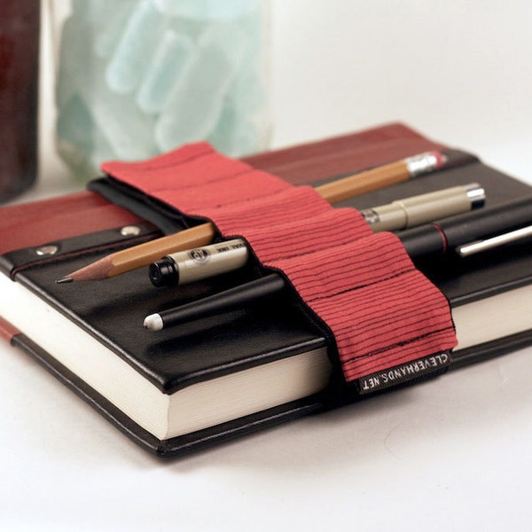 Adjustable Bandolier // red stripes // (a better pencil case, journal pen holder, book strap, pen loop, pencil roll, pen bandolier)