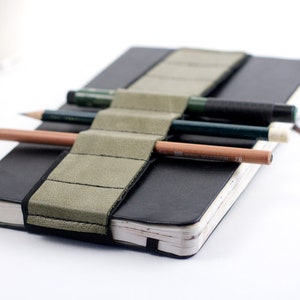 Journal Bandolier Large // olive leather // a better pencil case, journal pen holder, book strap, pen loop, pencil roll, pen bandolier image 2
