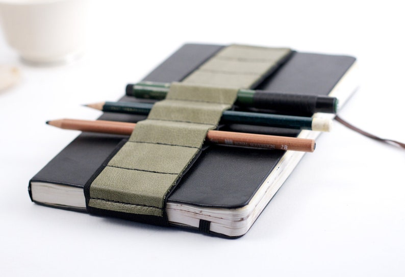 Journal Bandolier Large // olive leather // a better pencil case, journal pen holder, book strap, pen loop, pencil roll, pen bandolier image 2