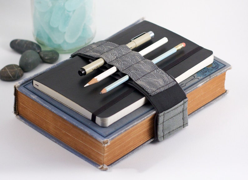 Adjustable Bandolier // Grey Waves // a better pencil case, journal pen holder, book strap, pen loop, pencil roll, pen bandolier image 1