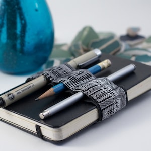 Mini Bandolier // black and white city // (a better pencil case, journal pen holder, book strap, pen loop, pencil roll, pen bandolier)