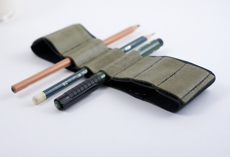 Journal Bandolier Large // olive leather // a better pencil case, journal pen holder, book strap, pen loop, pencil roll, pen bandolier image 4