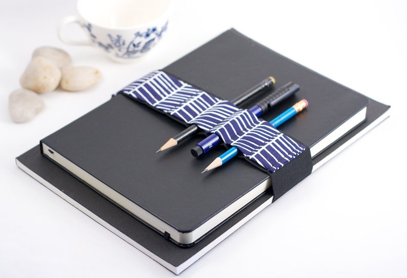 Large Journal Bandolier // cobalt lattice // a better pencil case, journal pen holder, book strap, pen loop, pencil roll, pen bandolier image 1