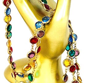 Vintage 38” Jewel Tone Crystal Station Necklace – Continuous Gold Tone Bezel Set Glass – Vibrant 8mm Multi-Color Boho Flapper Strand