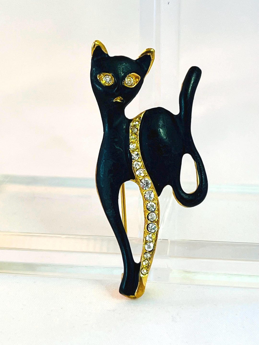 Vintage Black Cat Brooch | Prowling Kitty With Rhinestone Stripe | Gold ...