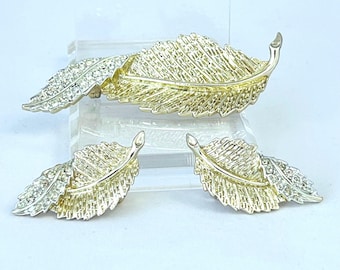 Vintage Sarah Coventry Rhinestone Leaf Brooch and Earrings Set