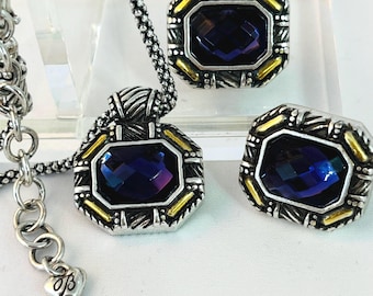 Vintage Brighton "Dagmar" Retired Necklace and Earrings Set - Two Tone Mixed Metal Purple Amethyst Crystal Gemstone-Y2K