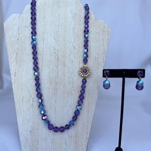 Vintage Aurora Borealis Necklace & Earring Set: Purple Crystal Glass, Gold Floral Accent