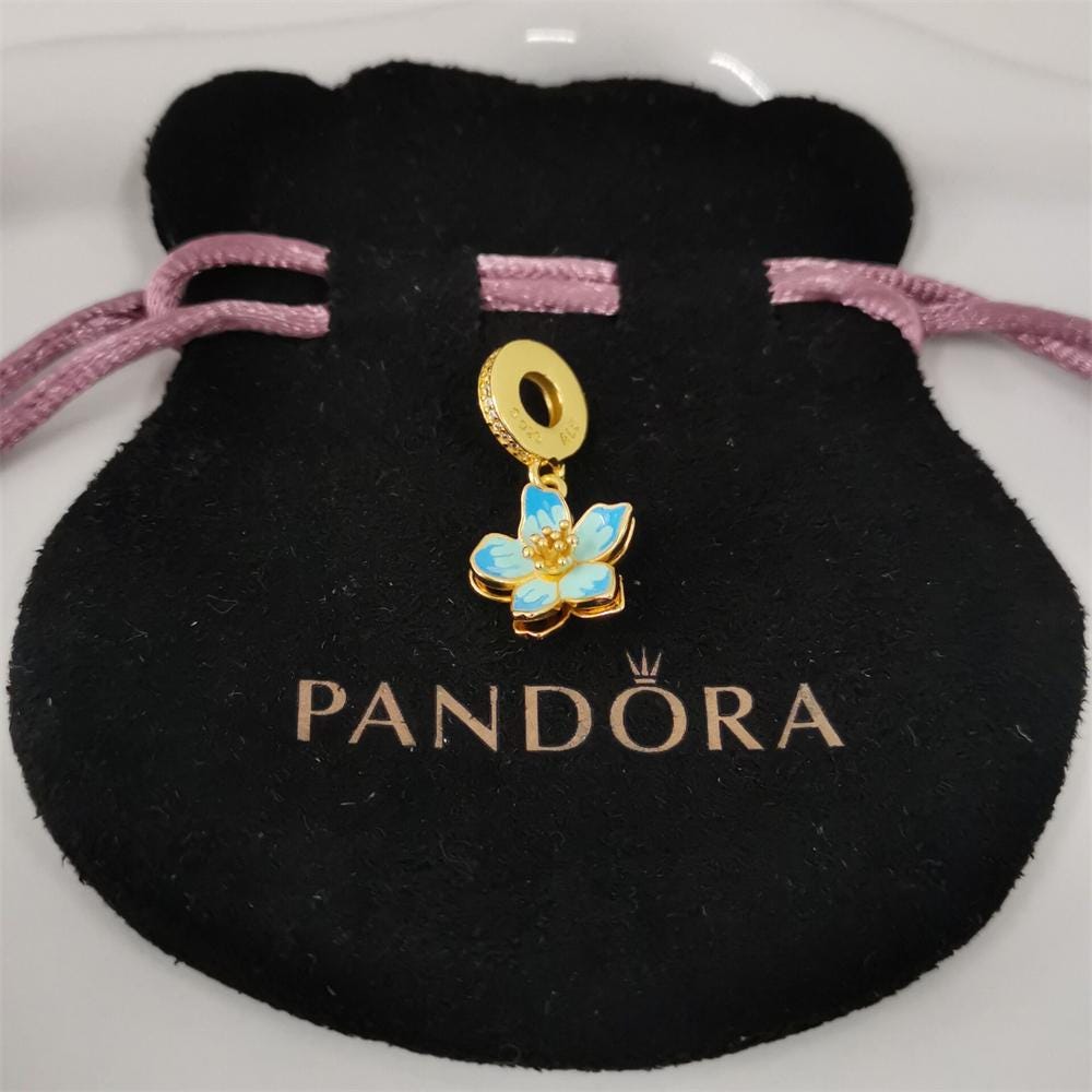 Pandora Blue Blossom Golden Dangle Charm - Etsy Israel