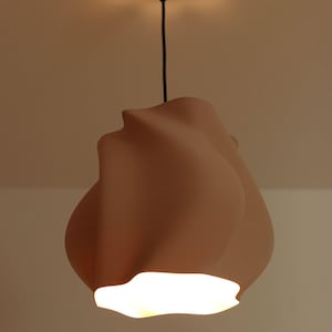 May include: A modern, sculptural pendant light fixture. The light has a soft, organic shape in a muted peach color, with a black ceiling mount and cord. The bottom of the light emits a warm, diffused glow.