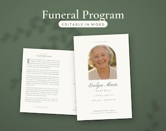 Funeral Program Template, Editable Bi-Fold Memorial Program, Word & PDF, Order of Service, Celebration of Life, Obituary, Sage