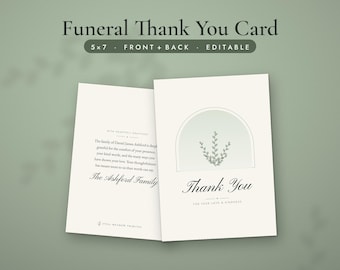 Funeral Thank You Card Template, Editable Sympathy Thank You Card 5x7, Bereavement Acknowledgement Card, Word & PDF, Sage