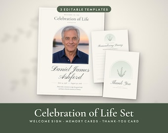 Celebration of Life Sign Set, Funeral Welcome Sign 18x24, Share a Memory Cards, Funeral Thank You Card, Editable Word, Sage