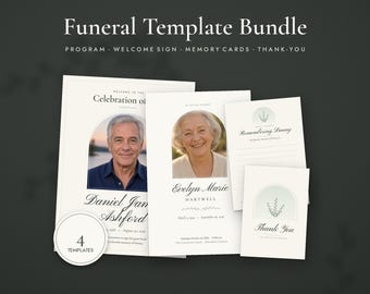 Pacchetto di modelli per funerali, programma funebre modificabile, cartello di benvenuto, cartoline per condividere ricordi, biglietto di ringraziamento, celebrazione della vita, Word