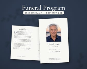 Modello di programma funebre per uomini, programma commemorativo della Marina modificabile, ordine di servizio pieghevole, celebrazione della vita, Word