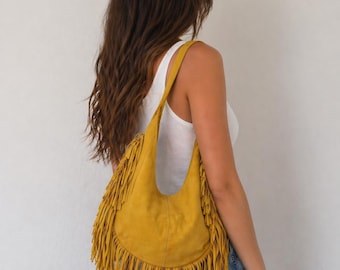 Bolso hobo de ante amarillo con flecos, bolso de hombro estilo boho.