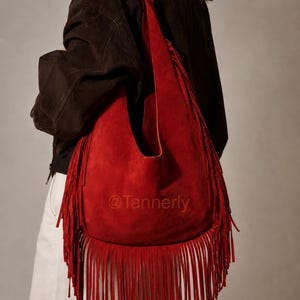 Sac à franges en daim rouge fait main - Sac à bandoulière bohème en cuir marocain