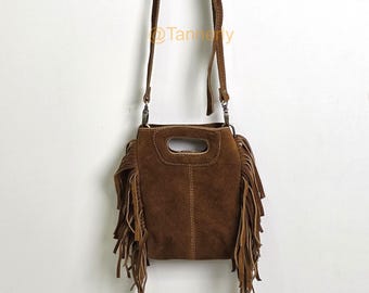 Handmade Suede Leather Crossbody Bag: Boho Fringe Festival Shoulder Bag