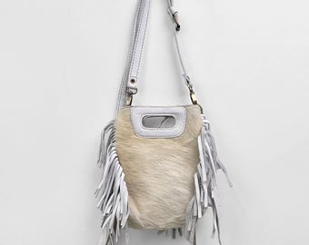 White leather fringe crossbody bag handmade hair-on-hide mini bag for boho style everyday use