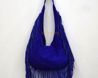 Bolso hobo de ante azul real con flecos, hecho a mano, bolso de hombro de cuero marroquí.