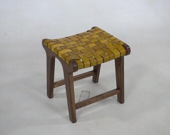 Yellow Moroccan Leather Chair with Wooden Frame & Matching Footstool - Handmade Boho Accent Seating