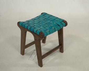 Handmade Turquoise Moroccan Leather Chair & Footstool Set, Boho Accent Chair with Wooden Frame