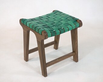 Handcrafted Boho Green Moroccan Leather Armchair & Ottoman Set with Wooden Frame