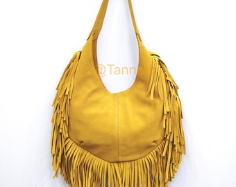 Boho Fringe Suede Leather Bag, Yellow Hobo Bag Women, Handmade Leather Shoulder Bag, Festival Boho Purse, Western Style Handbag