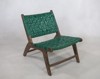 Handmade Moroccan Leather Chair – Green Accent Chair with Wooden Frame