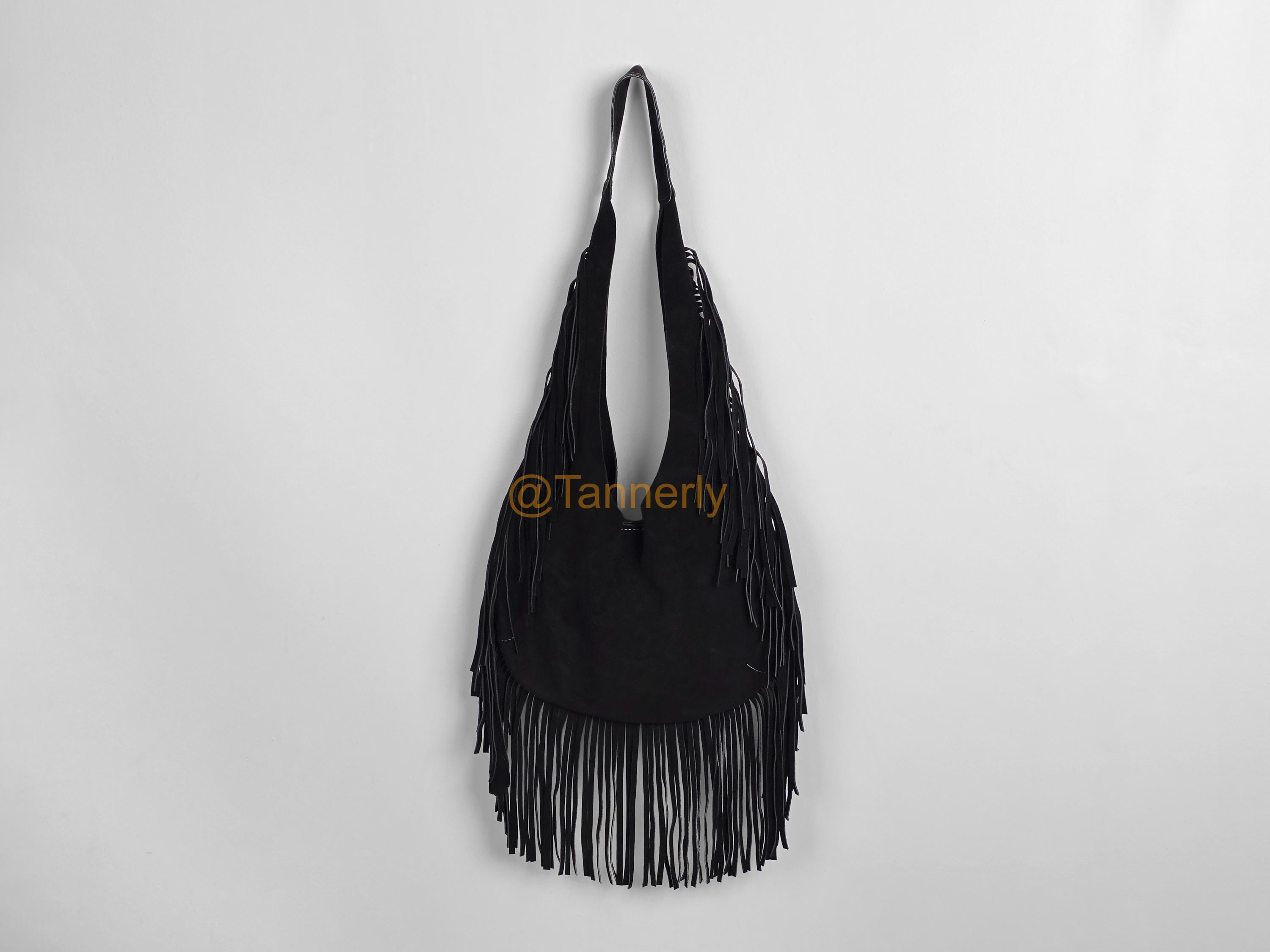 Handmade Suede Fringe Bag - Black Boho Hobo Shoulder Purse Western…