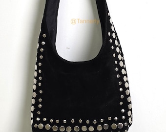 Schwarze Leder Nieten Hobo Tote - Handgemachte Boho Schultertasche