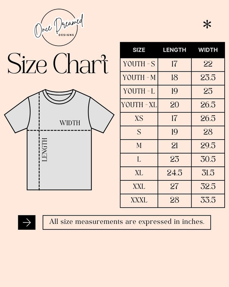 May include: A size chart for t-shirts, with measurements in inches. The chart includes sizes from Youth Small to XXXL, with length and width dimensions provided for each size. The text "Once Dreamed Designs" is at the top.