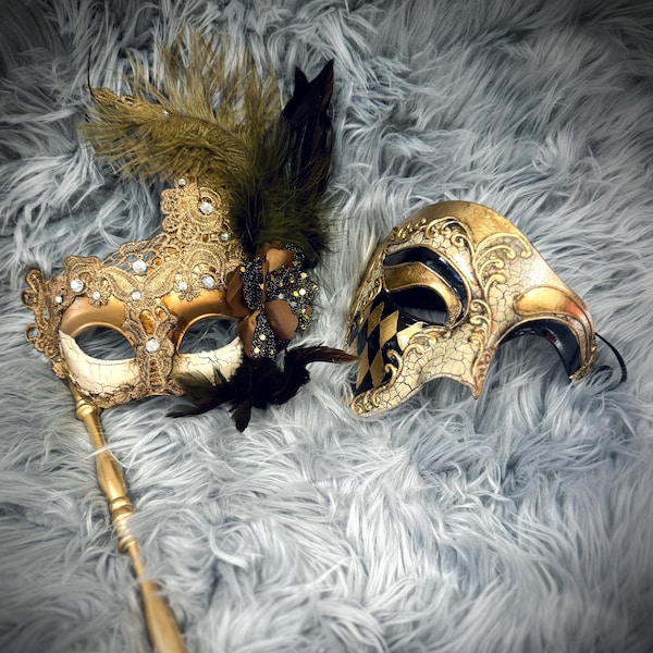 Gold Masquerade Masks For Couples, His and Hers Feather Masks, couples Venetian Masks, Feather Mask, Party Mask with Stick or Elastic Band.