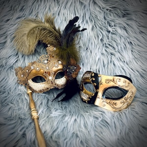 Gold Men or Women Masquerade Masks , Men&#39;s Venetian Eye Masks, Women Wedding Party Mask with Stick or Elastic Band For Mardi Gras