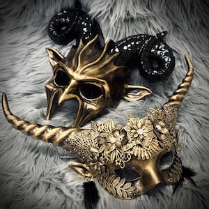 Gold Krampus Devil Demon Horn Goat Masks For Couple : Halloween , Steampunk , His or Hers Rhinestone Masquerade Party Costume Mask