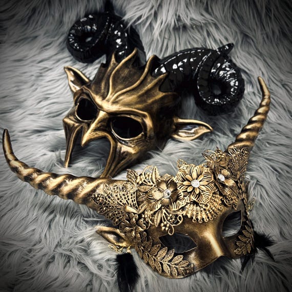 Gold Krampus Devil Demon Horn Goat Masks For Couple : Halloween , Steampunk , His or Hers Rhinestone Masquerade Party Costume Mask